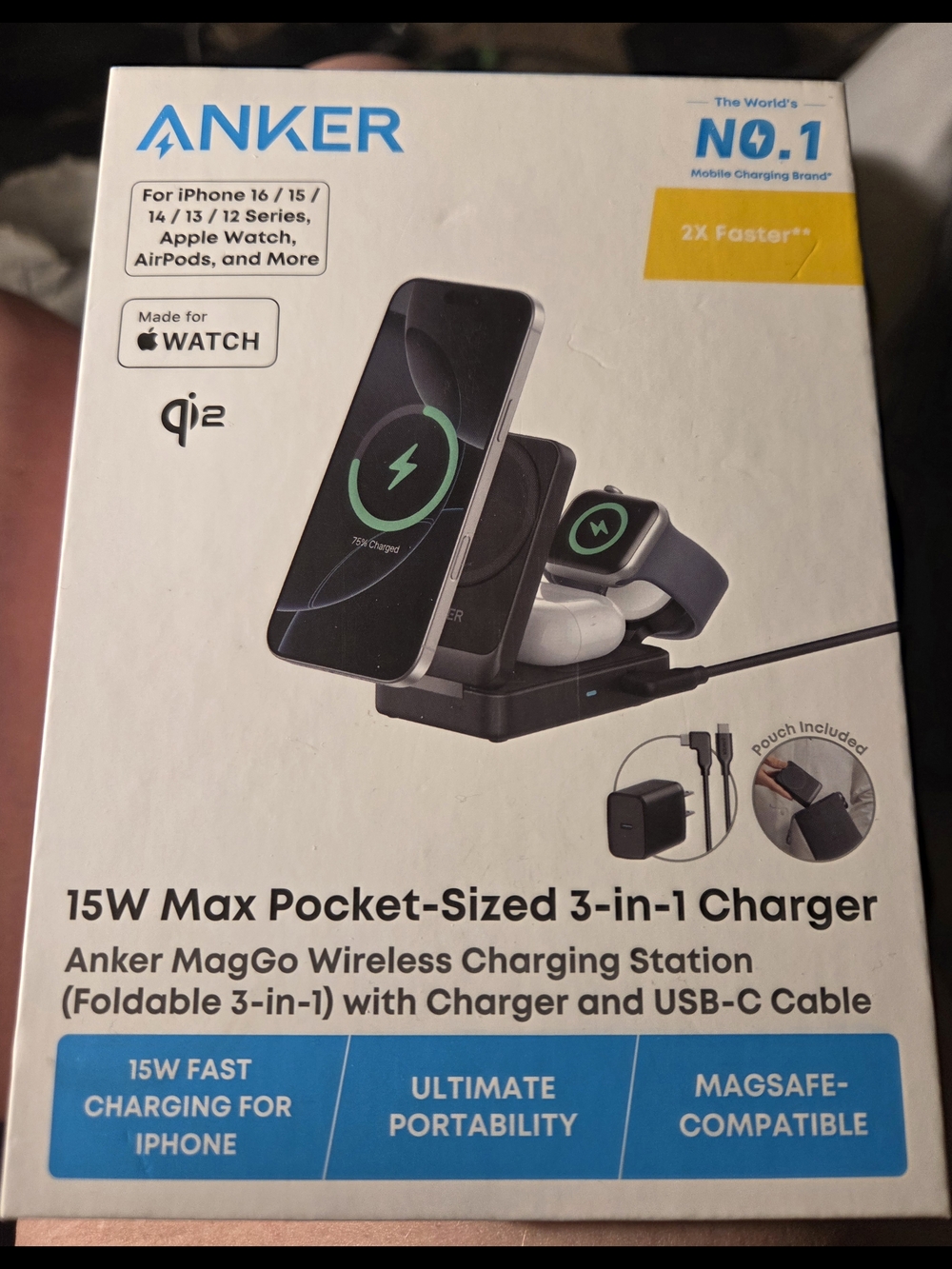 Anker 15W Max Pocket-Sized 3-in-1 Charger - Black New